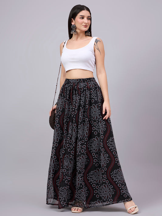 Women’s Black Printed Poly Georgette Flared Skirt