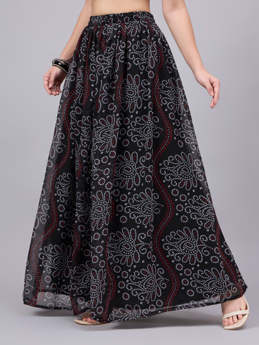 Women’s Black Printed Poly Georgette Flared Skirt