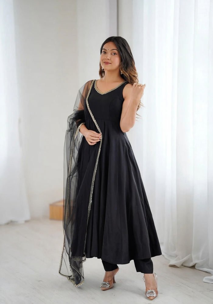 Women Black Viscose Silk Anarkali Kurta Pant Dupatta Set