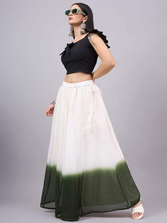 Dark Green Ombre Crunchy Silk Flared Skirt