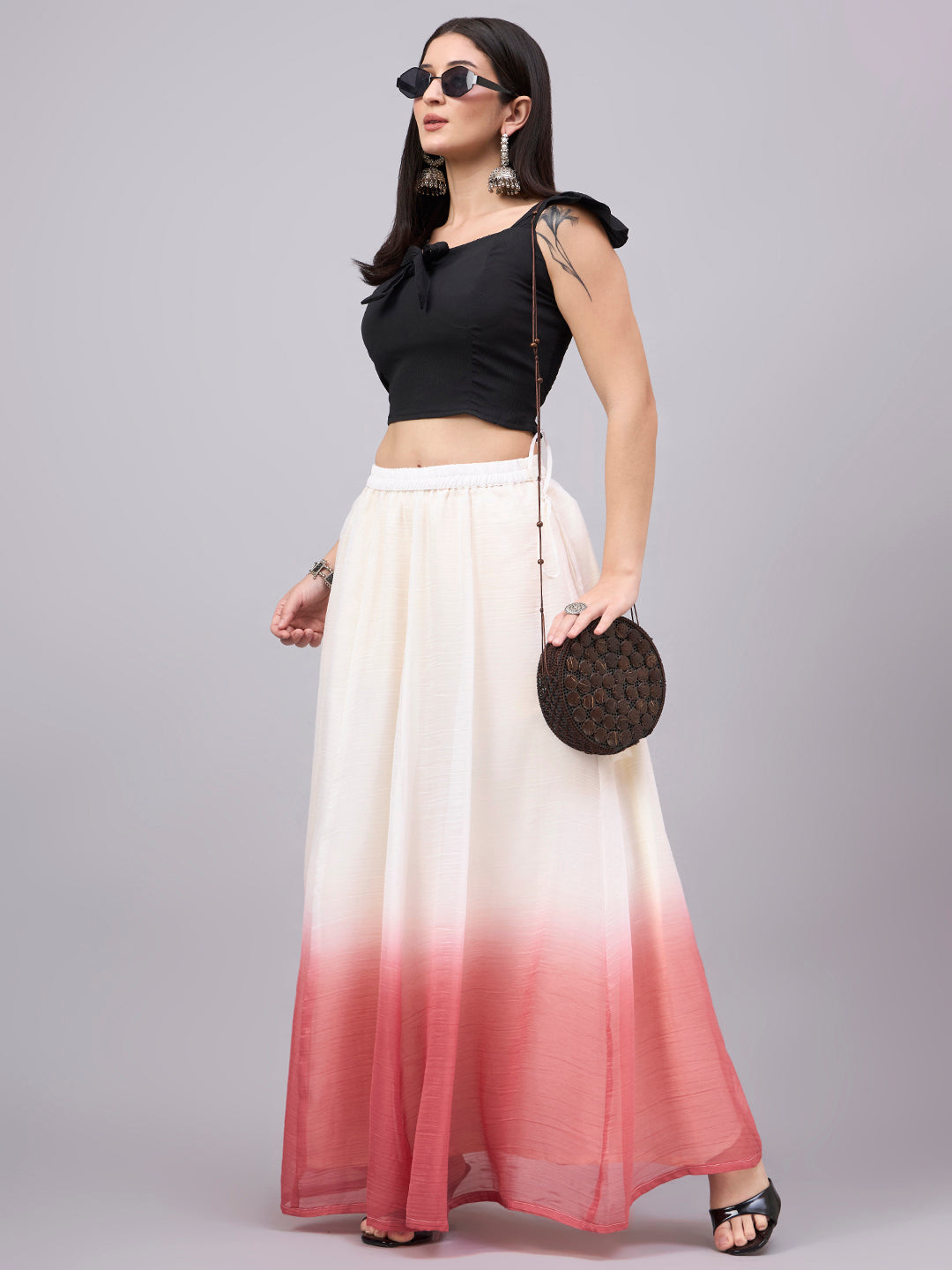 Peach Ombre Crunchy Silk Flared Maxi Skirt