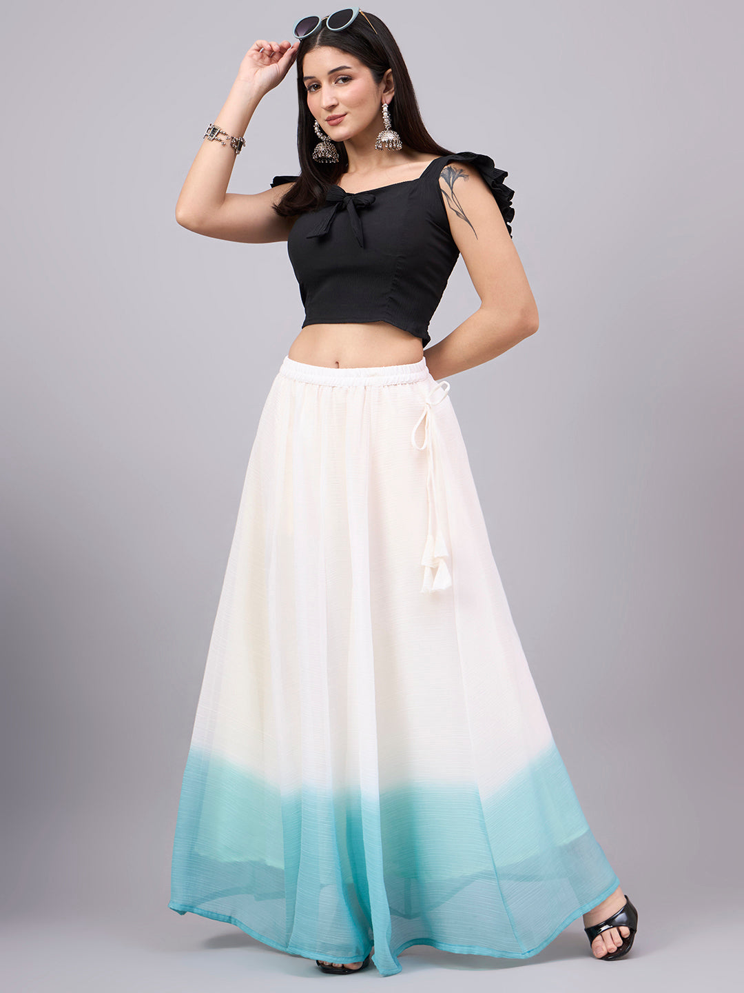 Sky Blue Ombre Crunchy Silk Flared Maxi Skirt