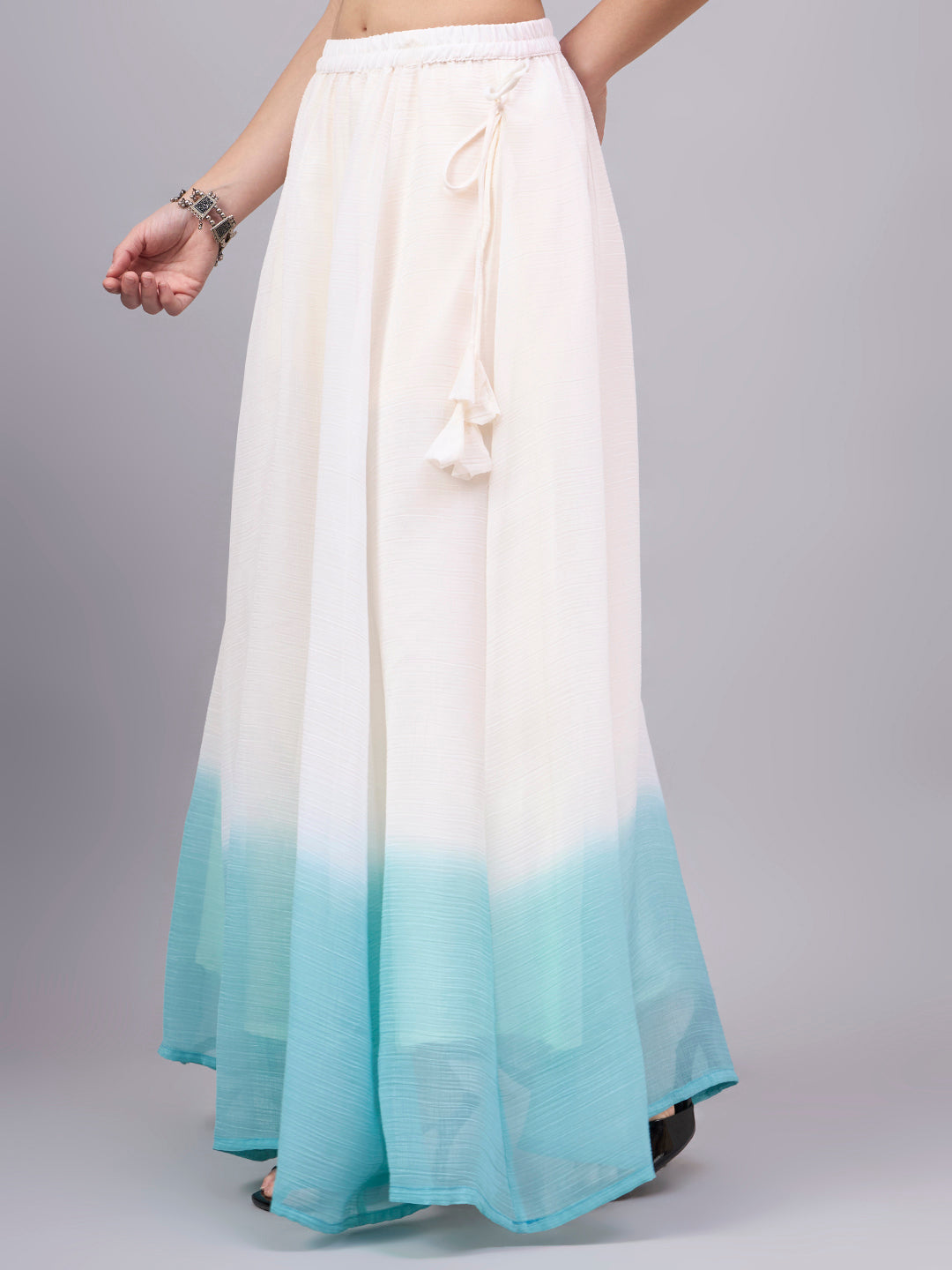 Sky Blue Ombre Crunchy Silk Flared Maxi Skirt