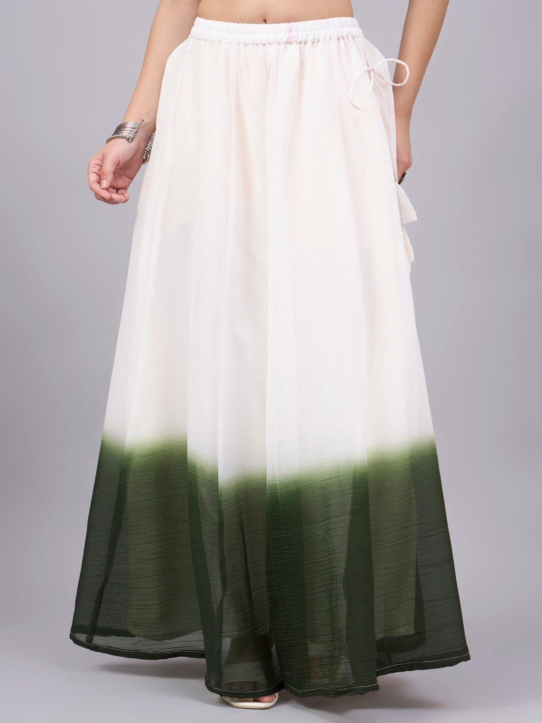 Dark Green Ombre Crunchy Silk Flared Skirt