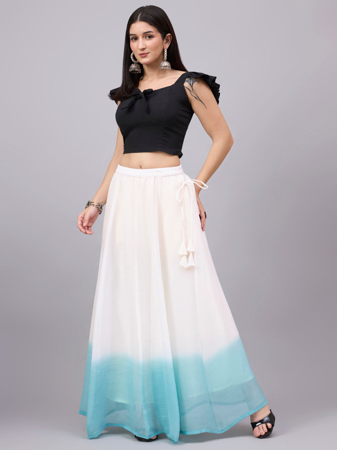 Sky Blue Ombre Crunchy Silk Flared Maxi Skirt