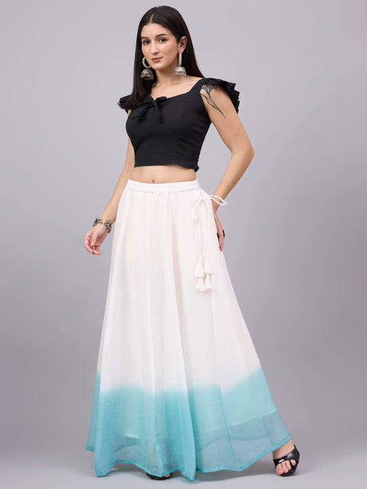 Sky Blue Ombre Crunchy Silk Flared Maxi Skirt