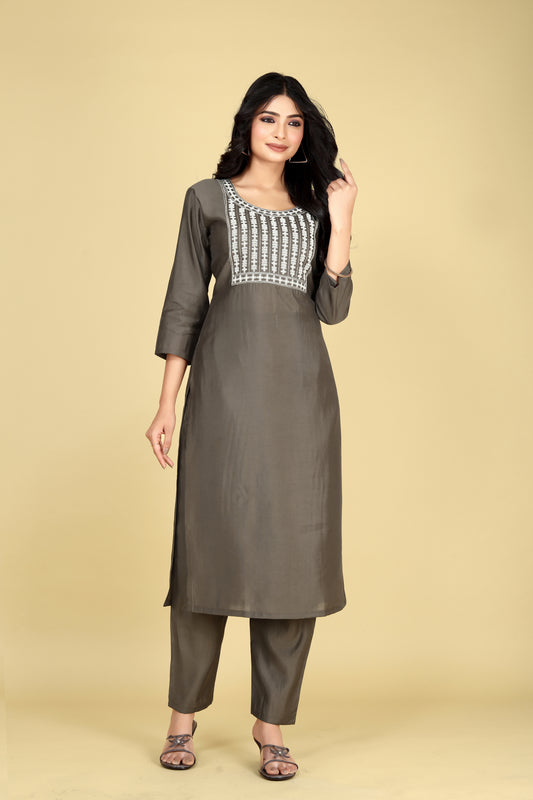 Women Tobacco Brown Viscose Silk Blend Embroidered Kurta Pant Set | Sequins & Dori Work Yoke | Festive Wear