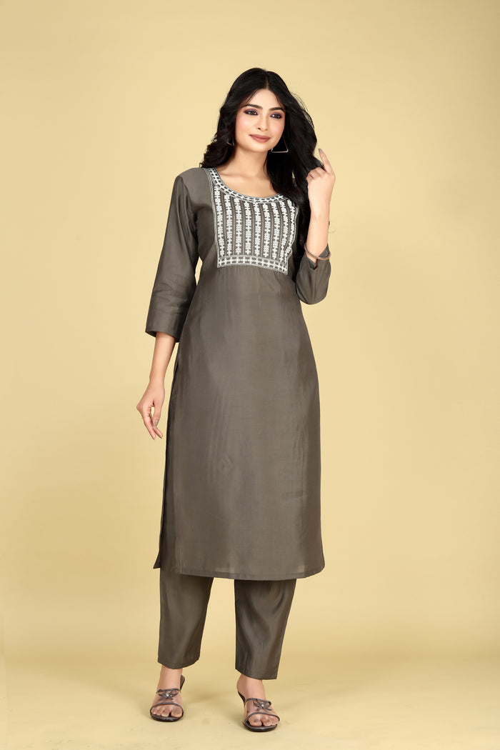 Women Tobacco Brown Viscose Silk Blend Embroidered Kurta Pant Set | Sequins & Dori Work Yoke | Festive Wear