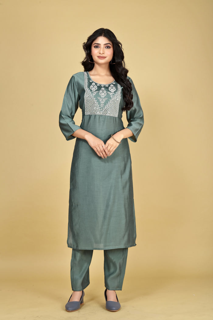 Women Sea Green Viscose Silk Blend Embroidered Kurta Pant Set | Sequins & Dori Work Yoke | Festive Wear