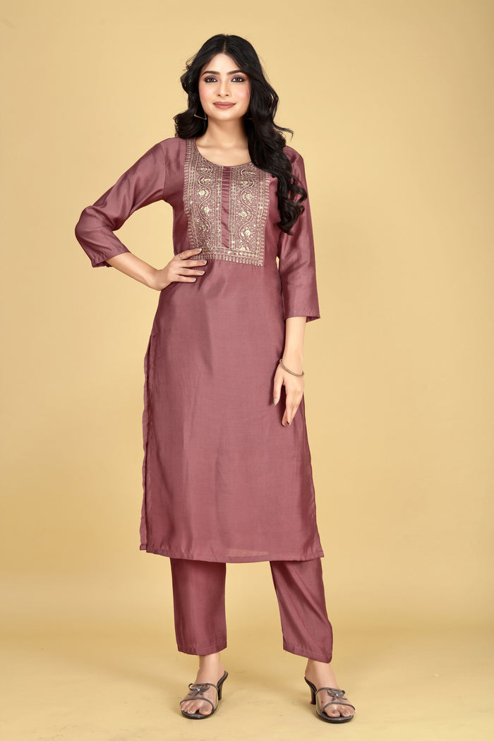 Women Mauve Viscose Silk Blend Embroidered Kurta Pant Set | Sequins & Zari Work Yoke | Festive Wear