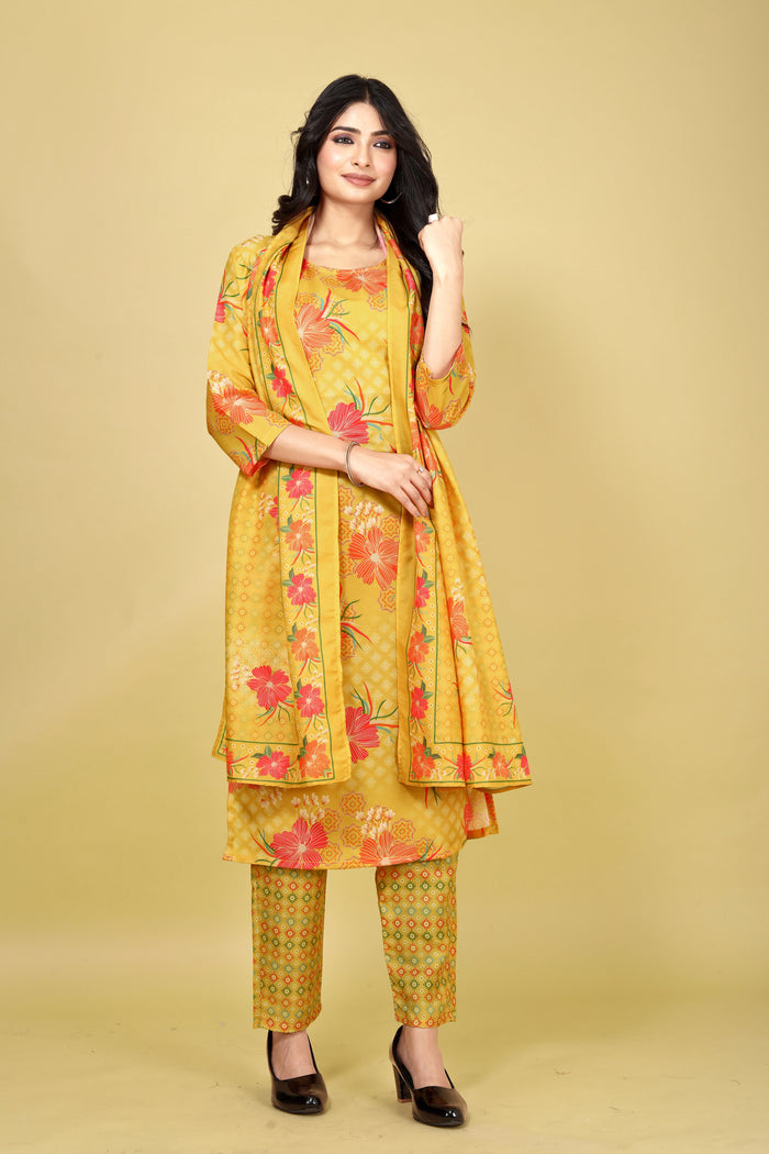 Women Yellow Poly Muslin Silk Printed Kurta Pant Dupatta Set | Digital Print | Festive Wear