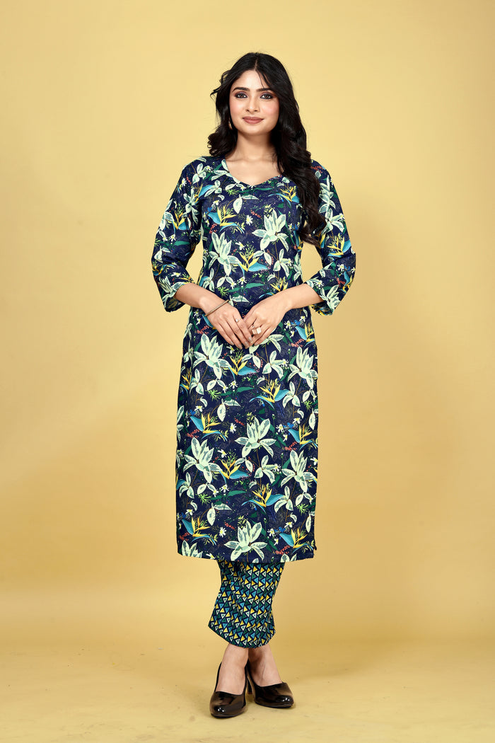 Women Navy Blue Poly Rayon Silk Printed Kurta Pant Set | Digital Print | Casual Ethnic Wear