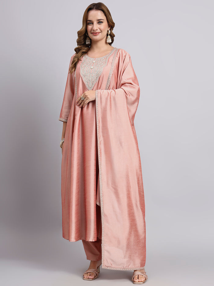 JDS LifeStyle Onion Pink Art Silk Kurta Pant Set with Dupatta - Embroidered Festive Suit