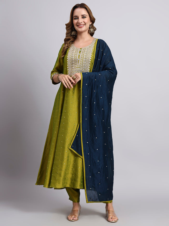 JDS LifeStyle Parrot Green Silk Anarkali Suit with Contrast Navy Dupatta - Olive