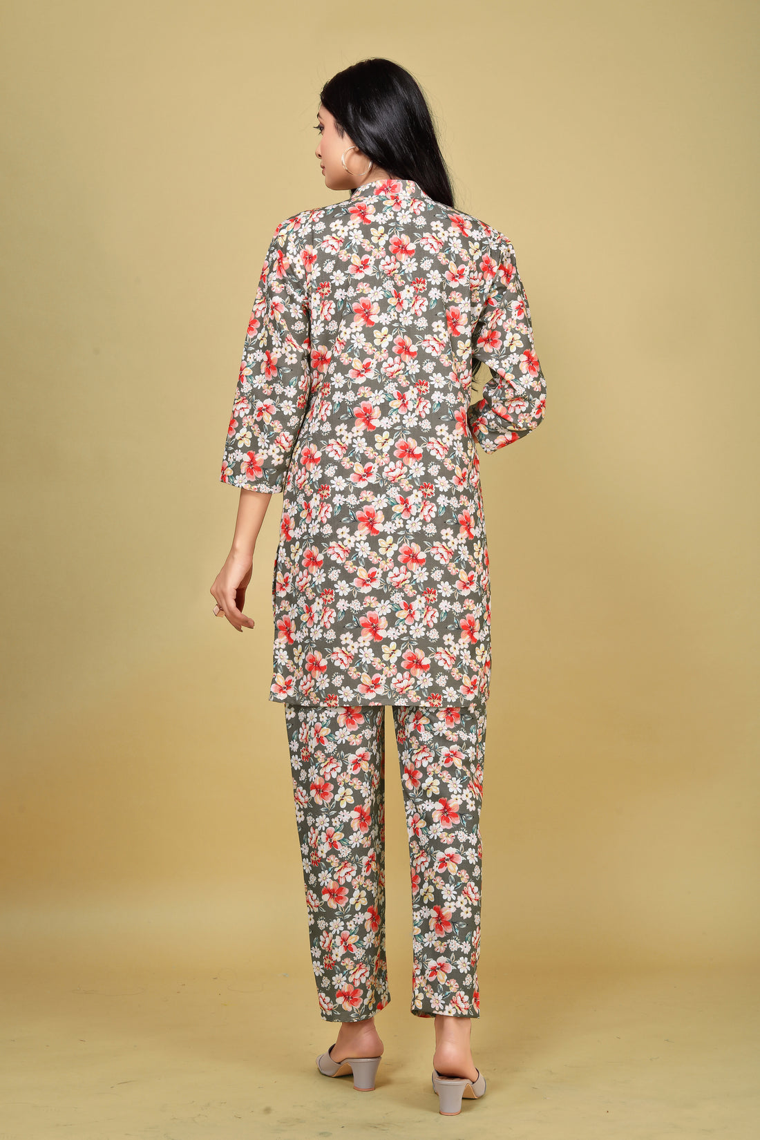 Women Beige Poly Linen Silk Printed Co-ord Set | Collar Round Neck | Casual Wear