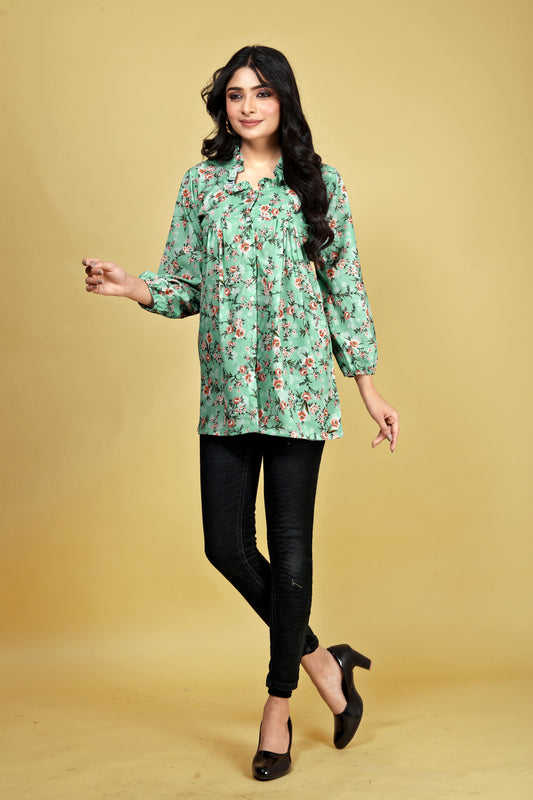 Women Pistachio Satin Silk Printed Western Shirt | Puff Sleeve | Casual Wear