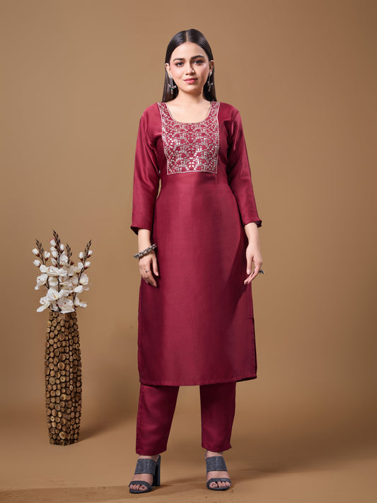 Women Maroon Silk Blend Embroidered Kurta Pant Set | Sequins & Zari Work Yoke | Festive Wear