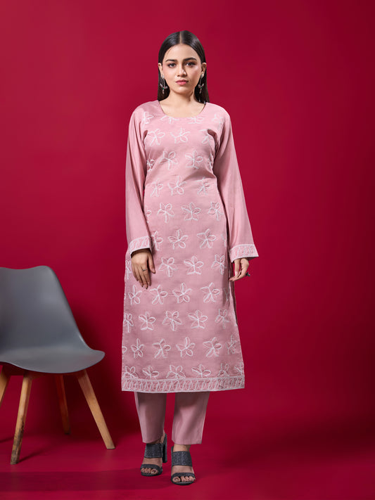 Women Salmon Viscose Silk Blend Embroidered Kurta Pant Set | White Thread Work | Casual Ethnic Wear