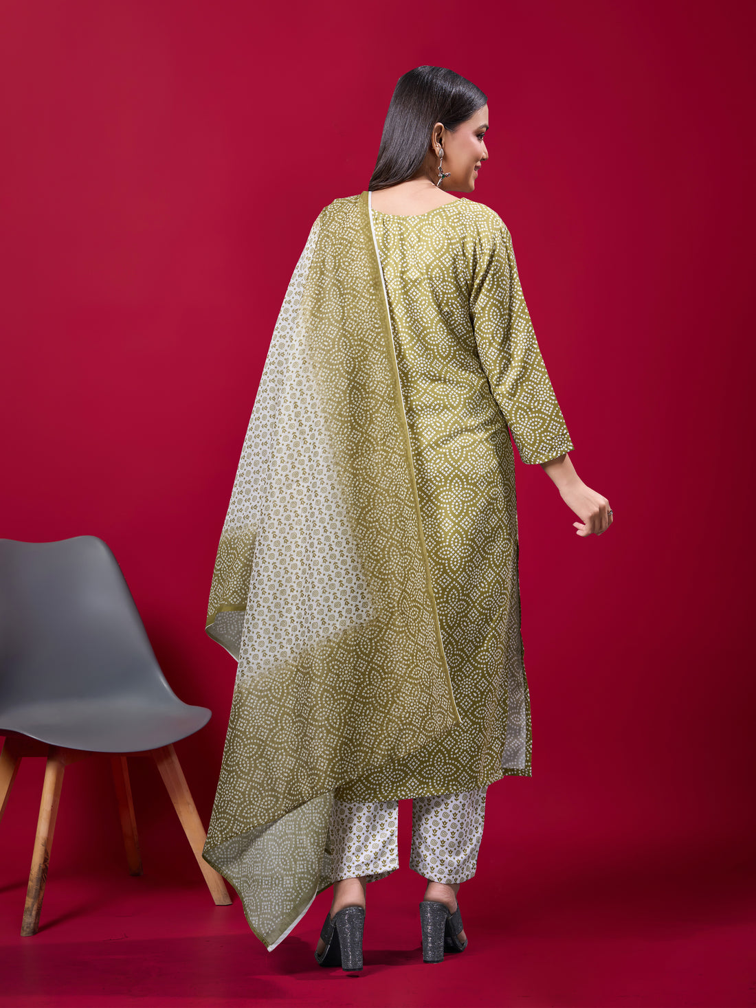 Women Mehendi Poly Rayon Silk Printed Kurta Pant Dupatta Set | Digital Print | Festive Wear