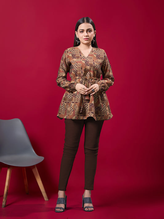 Women Brown Pure Viscose Silk Printed Tunic Top | Fancy Neck | Casual Wear