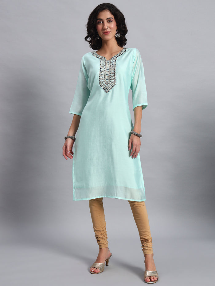 Women Sky Blue BSY Chinon Silk Printed Tunic Top | Fancy Neck | Casual Wear