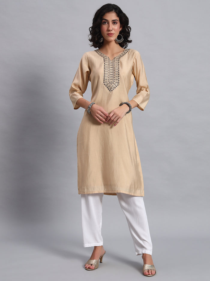 Women Beige BSY Chinon Silk Printed Tunic Top | Fancy Neck | Casual Wear