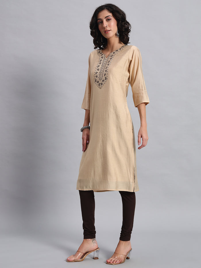 Women Beige BSY Chinon Silk Printed Tunic Top | Fancy Neck | Casual Wear