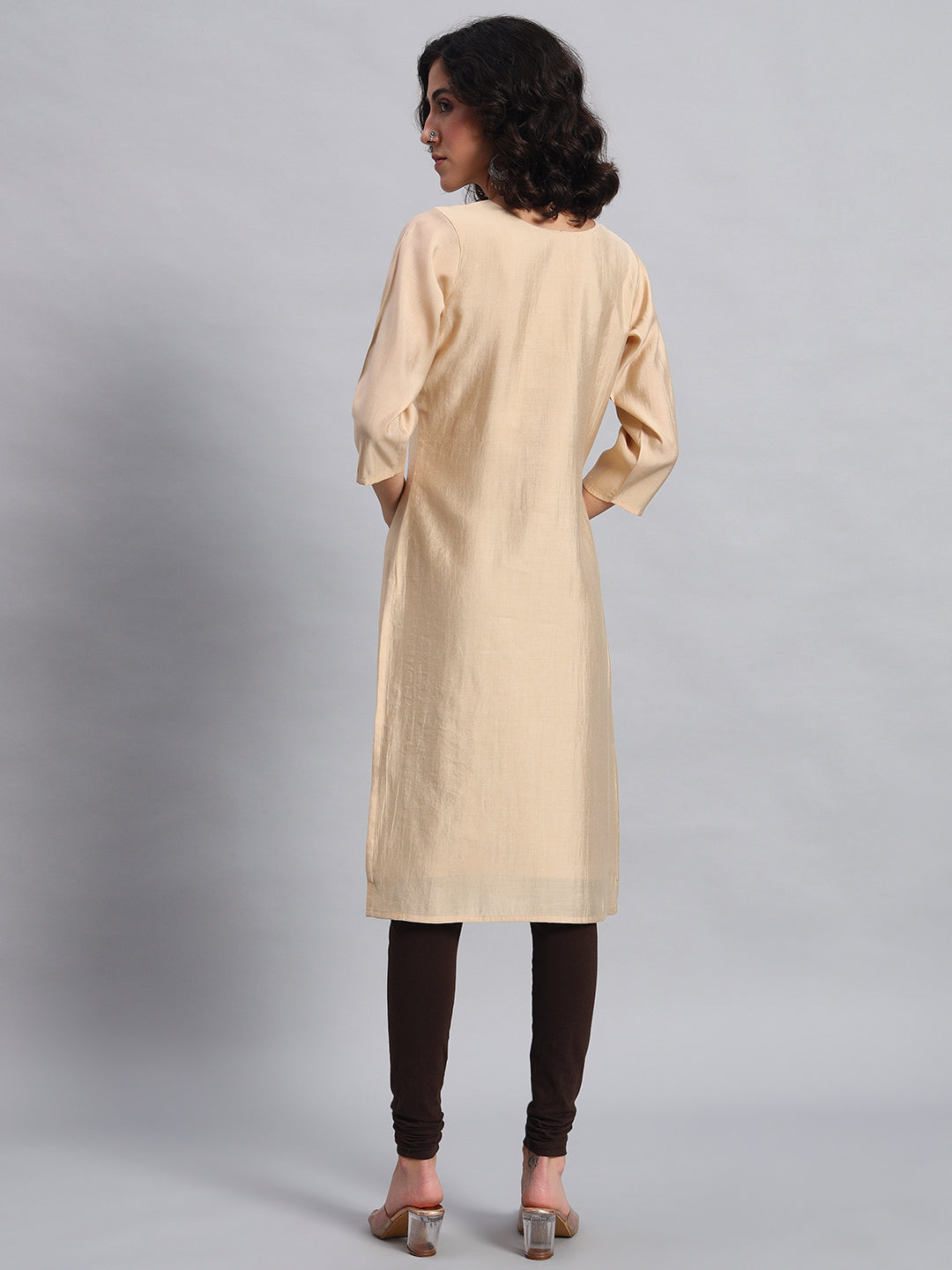 Women Beige BSY Chinon Silk Printed Tunic Top | Fancy Neck | Casual Wear