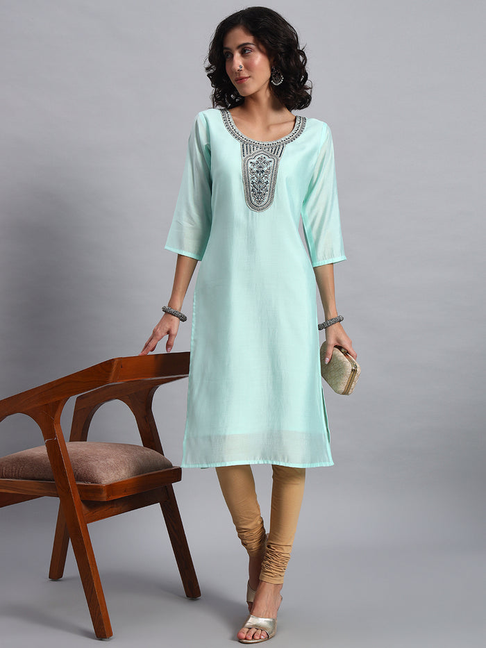 Women Sky Blue BSY Chinon Silk Printed Tunic Top | Fancy Neck | Casual Wear
