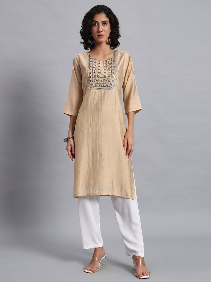 Women Beige BSY Chinon Silk Printed Tunic Top | Fancy Neck | Casual Wear