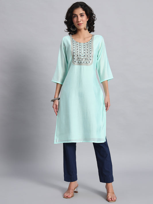 Women Sky Blue BSY Chinon Silk Printed Tunic Top | Fancy Neck | Casual Wear