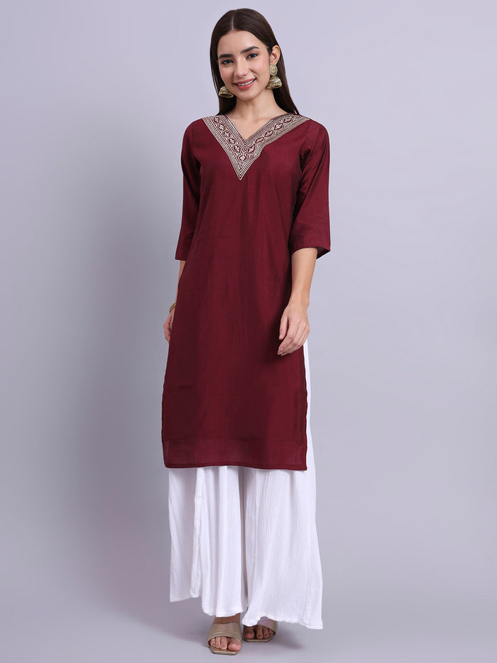 Women Maroon BSY Chinon Silk Printed Tunic Top | Fancy Neck | Casual Wear