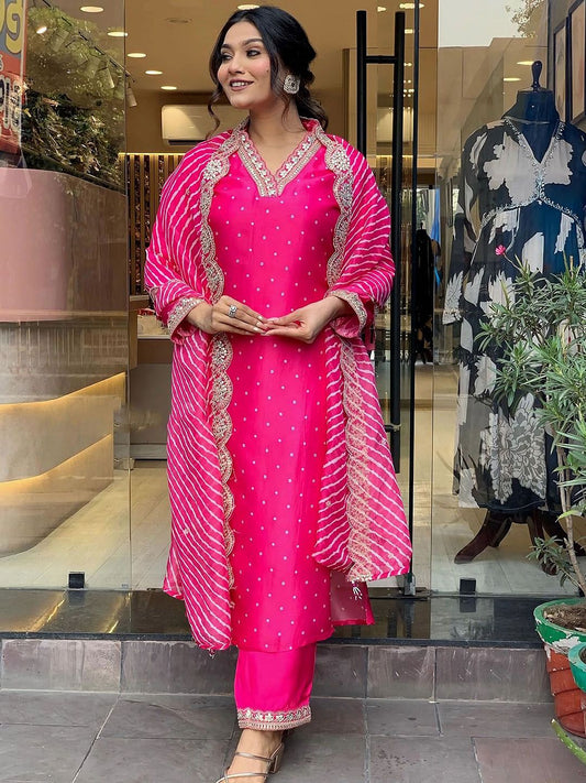 Women Rani Printed Chinon Silk Kurta Pant Dupatta Set | Embroidery & Print Work | Festive Wear