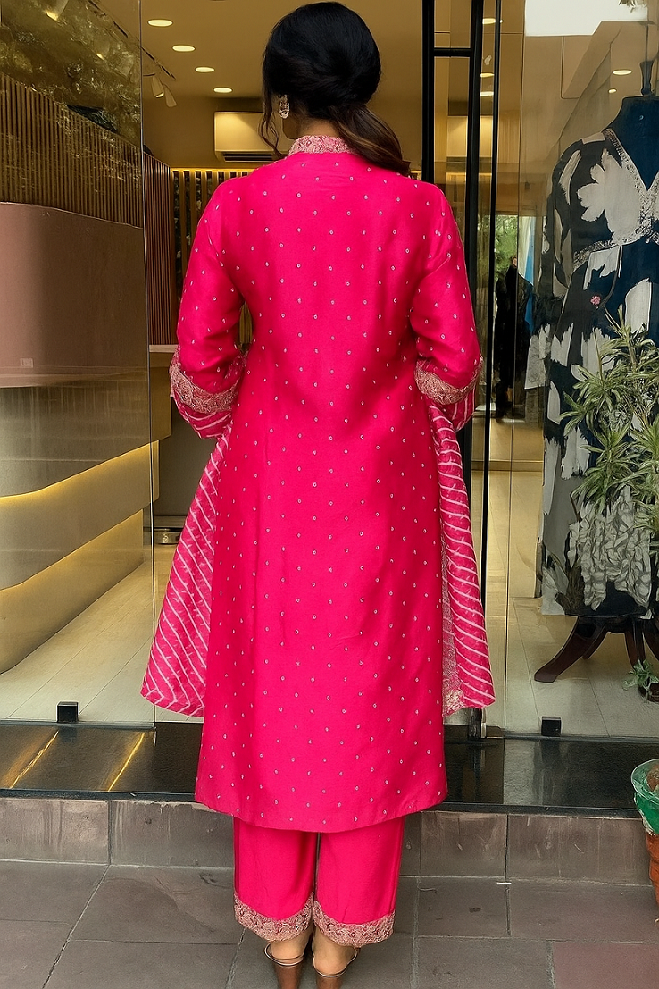 Women Rani Printed Chinon Silk Kurta Pant Dupatta Set | Embroidery & Print Work | Festive Wear