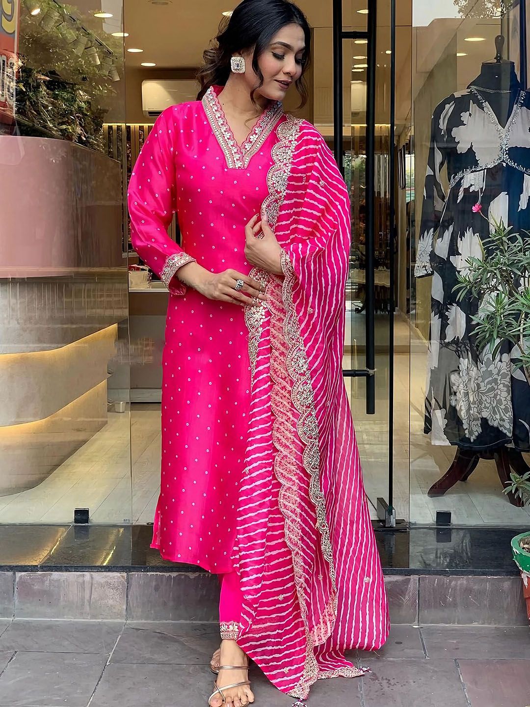 Women Rani Printed Chinon Silk Kurta Pant Dupatta Set | Embroidery & Print Work | Festive Wear