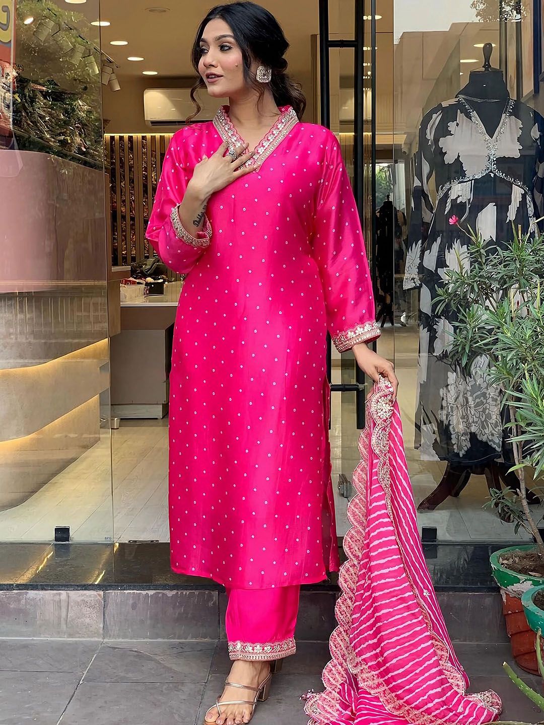 Women Rani Printed Chinon Silk Kurta Pant Dupatta Set | Embroidery & Print Work | Festive Wear