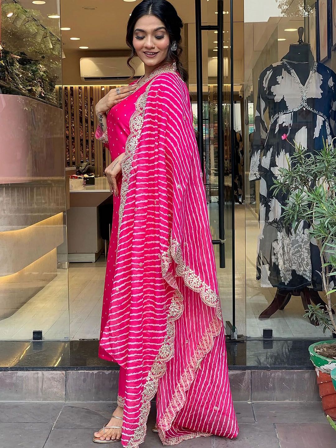 Women Rani Printed Chinon Silk Kurta Pant Dupatta Set | Embroidery & Print Work | Festive Wear