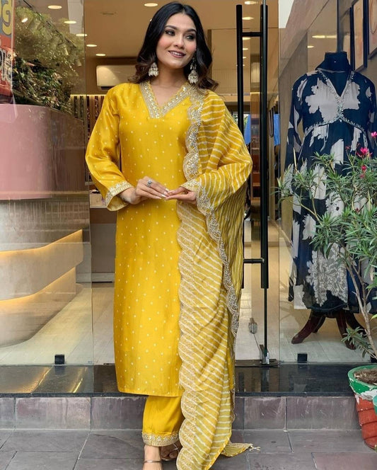 Women Yellow Printed Chinon Silk Kurta Pant Dupatta Set | Embroidery & Print Work | Festive Wear