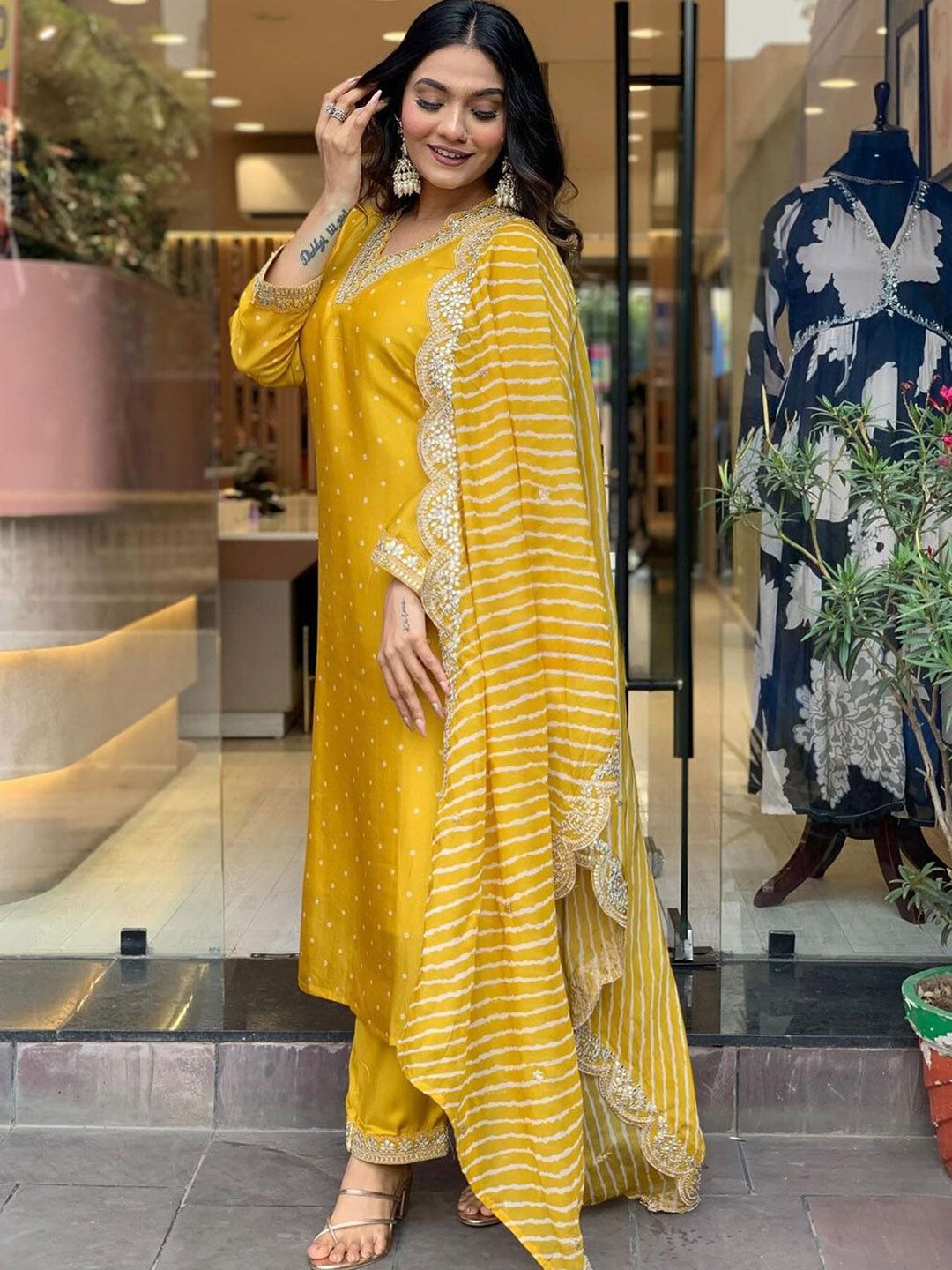 Women Yellow Printed Chinon Silk Kurta Pant Dupatta Set | Embroidery & Print Work | Festive Wear