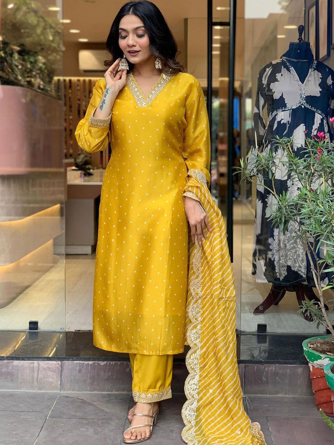 Women Yellow Printed Chinon Silk Kurta Pant Dupatta Set | Embroidery & Print Work | Festive Wear