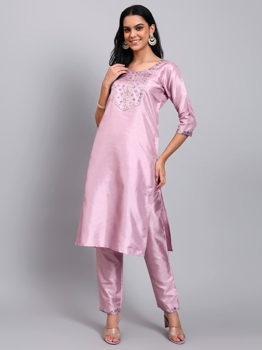 Women Light Pink Silk Blend Embroidered Kurta Pant Set | Sequins & Multi-Color Thread Work | Festive Wear