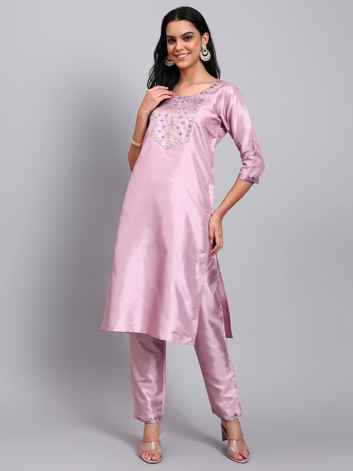 Women Light Pink Silk Blend Embroidered Kurta Pant Set | Sequins & Multi-Color Thread Work | Festive Wear