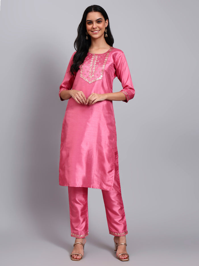Women Pink Silk Blend Embroidered Kurta Pant Set | Sequins & Multi-Color Thread Work | Festive Wear