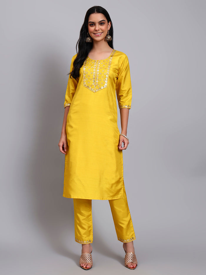 Women Yellow Silk Blend Embroidered Kurta Pant Set | Sequins & Multi-Color Thread Work | Festive Wear