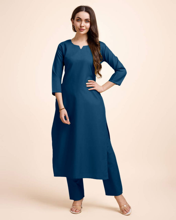 Women Navy Blue Cotton Kurta Pant Set | Round V-Neck | Straight Fit | Casual Ethnic Wear