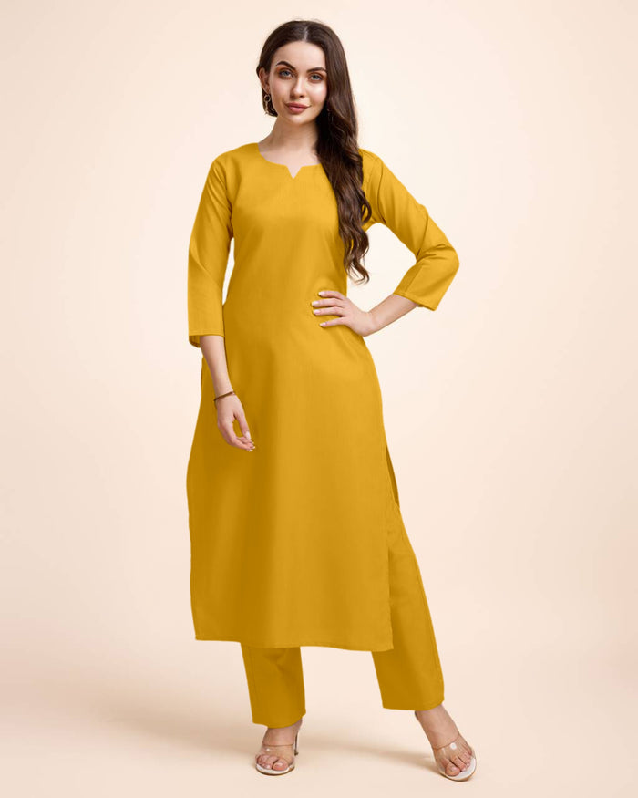 Women Yellow Cotton Kurta Pant Set | Round V-Neck | Straight Fit | Casual Ethnic Wear