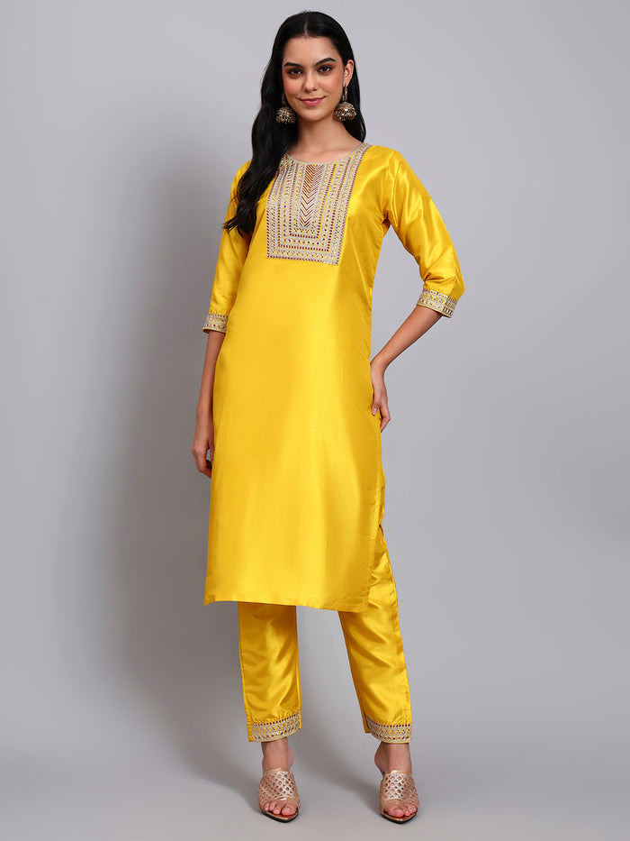 Women Yellow Silk Blend Embroidered Kurta Pant Set