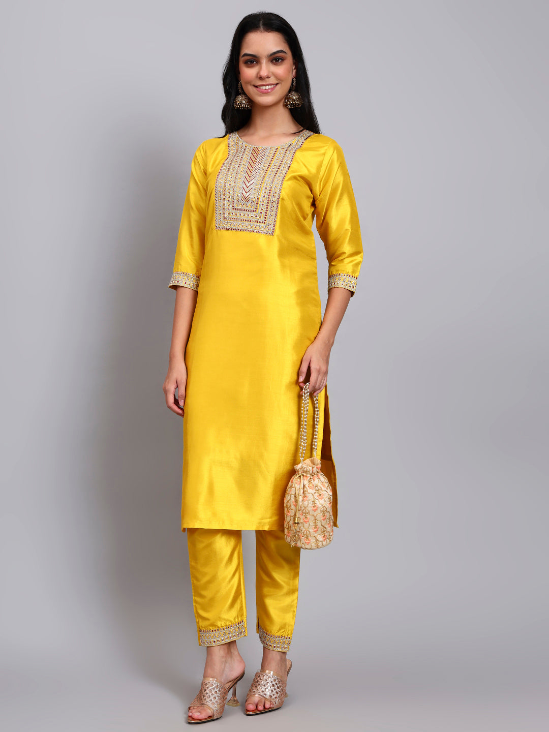 Women Yellow Silk Blend Embroidered Kurta Pant Set