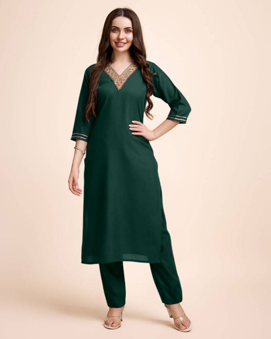 Women Bottle Green Cotton Embroidered Kurta Pant Set