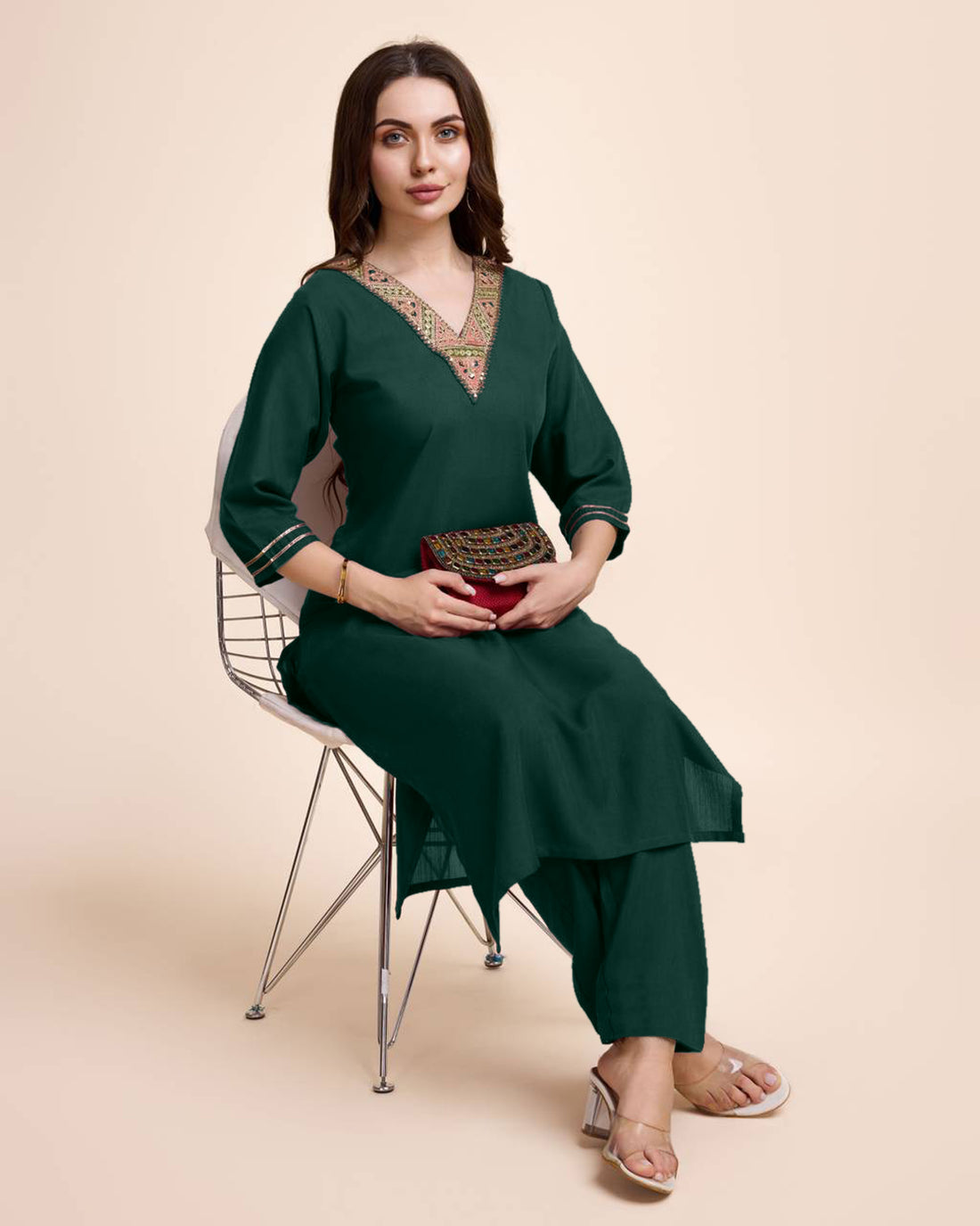 Women Bottle Green Cotton Embroidered Kurta Pant Set